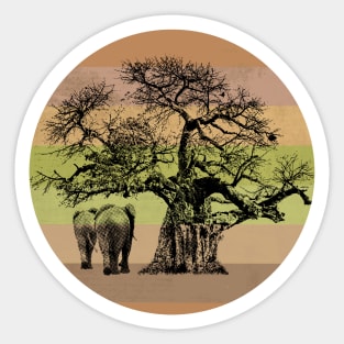 Baobab Tree and Elephants on Retro-style Sunset in Africa Colors Sticker